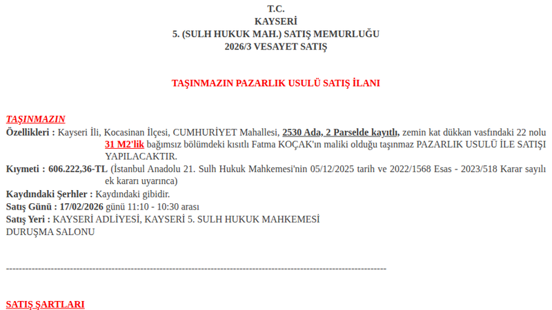 İşyeri - KAYSERİ KOCASİNAN - 31 m²