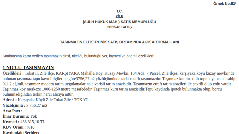Satılık Tarla - Tokat Zile