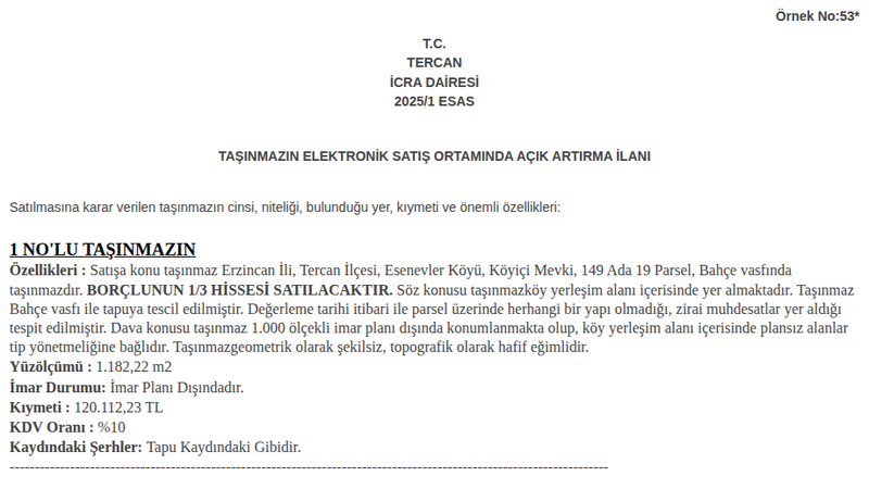 Arsa/Arazi - ERZİNCAN TERCAN - 182,22 m²