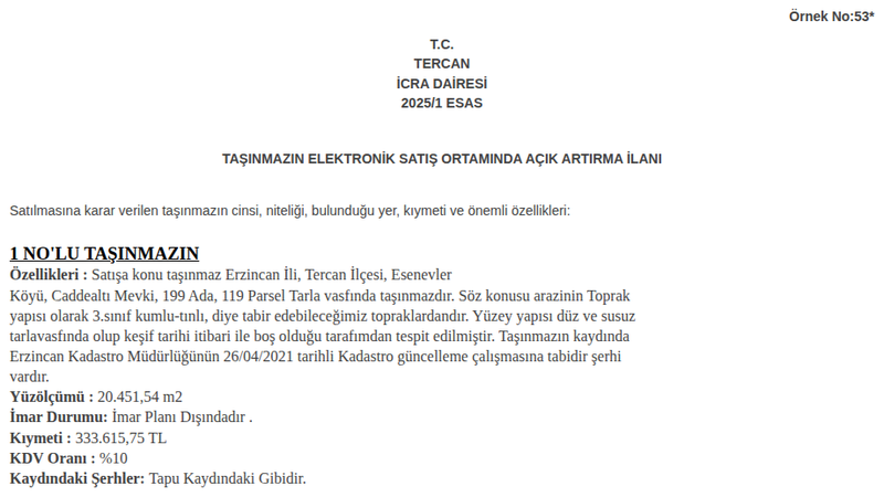 Arsa/Arazi - ERZİNCAN TERCAN - 451,54 m²
