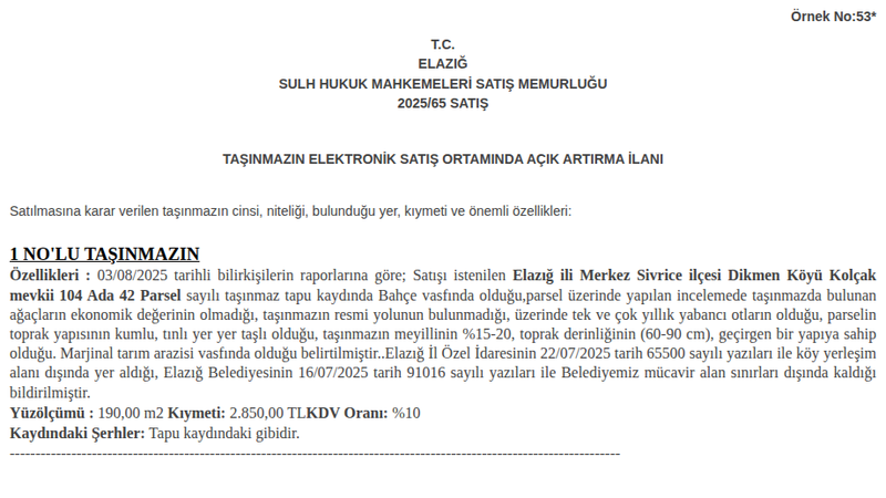 Arsa/Arazi - ELAZIĞ MERKEZ SİVRİCE - 190 m²