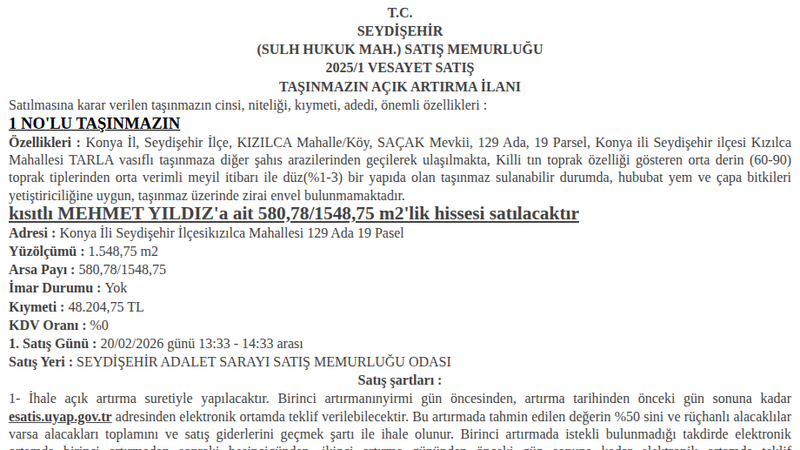 Arsa/Arazi - KONYA SEYDİŞEHİR - 1.548,75 m²