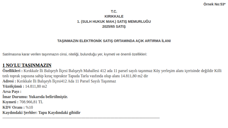 Arsa/Arazi - KIRIKKALE BALIŞEYH - 811,80 m²