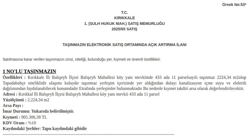 Arsa/Arazi - KIRIKKALE BALIŞEYH - 224,34 m²