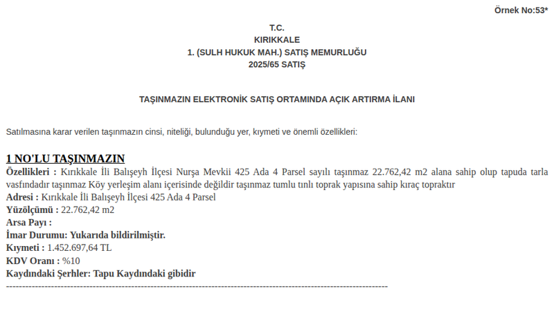 Arsa/Arazi - KIRIKKALE BALIŞEYH - 762,42 m²