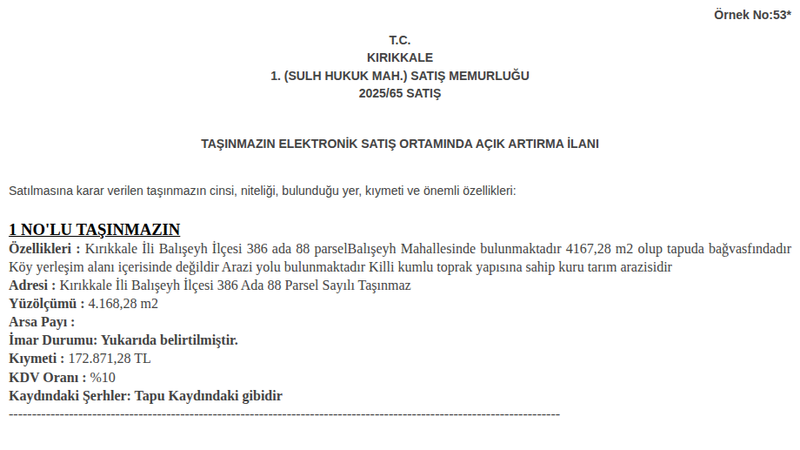 Arsa/Arazi - KIRIKKALE BALIŞEYH - 4.167,28 m²