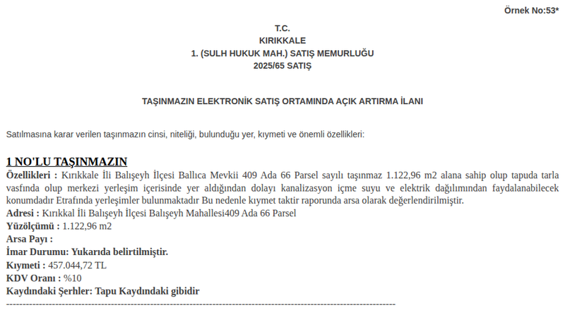 Arsa/Arazi - KIRIKKALE BALIŞEYH - 122,96 m²