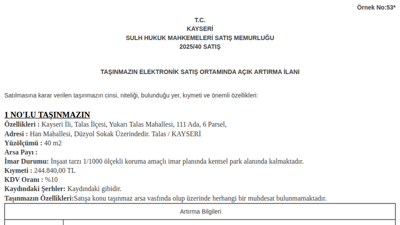 Arsa/Arazi - KAYSERİ TALAS - 40 m²
