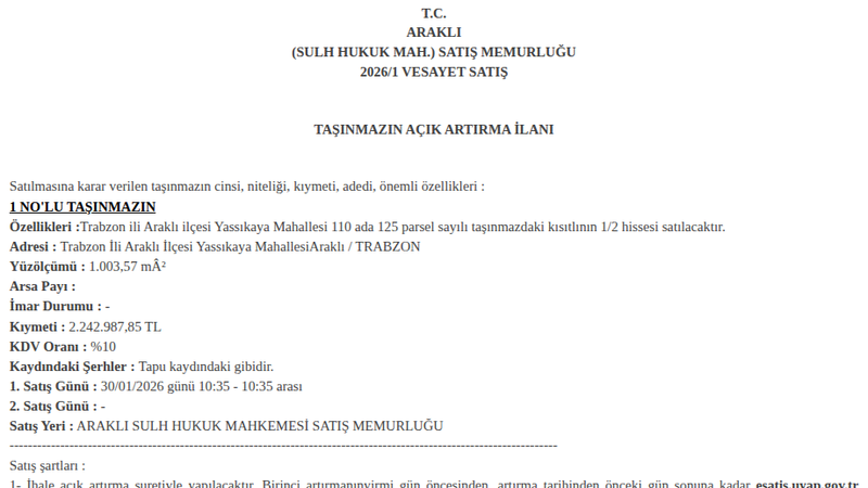Arsa/Arazi - TRABZON ARAKLI