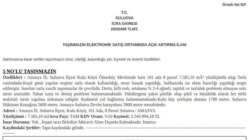 Arsa/Arazi - AMASYA SULUOVA - 585,10 m²
