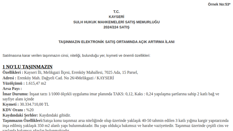 Arsa/Arazi - KAYSERİ MELİKGAZİ - 615,47 m²