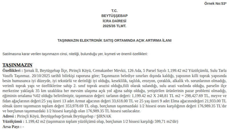 Satılık Tarla - Şırnak Beytüşşebap