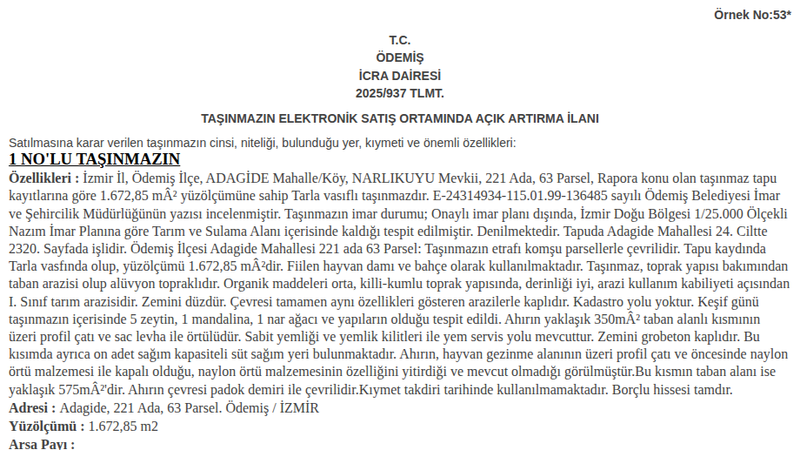 Arsa/Arazi - İZMİR ÖDEMİŞ - 672,85 m²