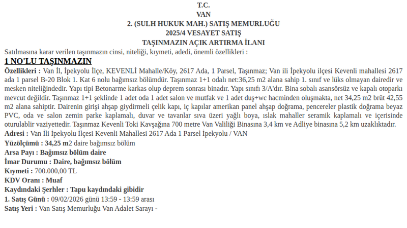 Satılık Daire - Van İpekyolu