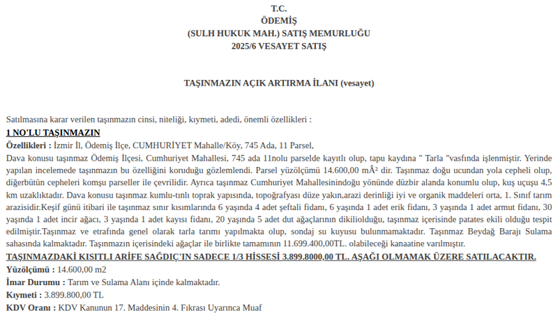 Arsa/Arazi - İZMİR ÖDEMİŞ - 600 m²