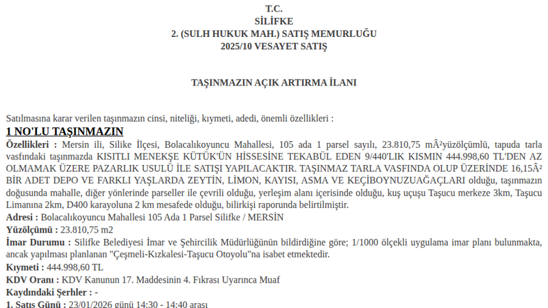 Arsa/Arazi - MERSİN SİLİKE - 810,75 m²