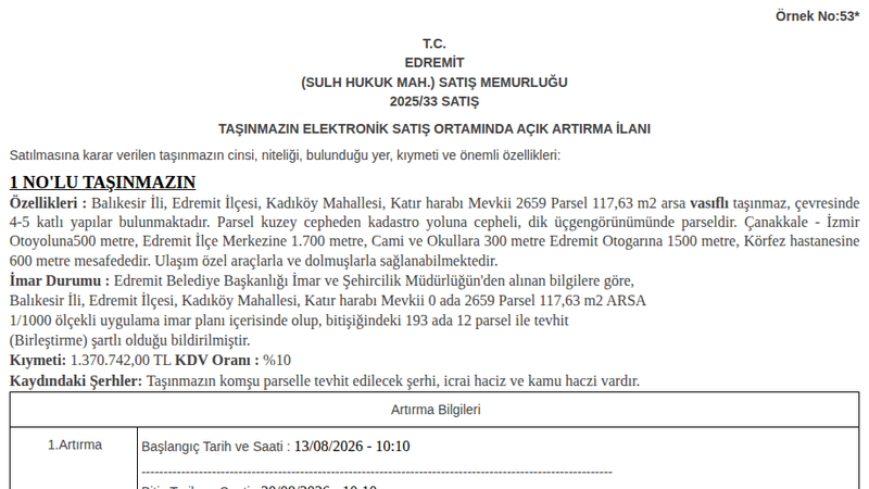 Arsa/Arazi - BALIKESİR EDREMİT - 117,63 m²