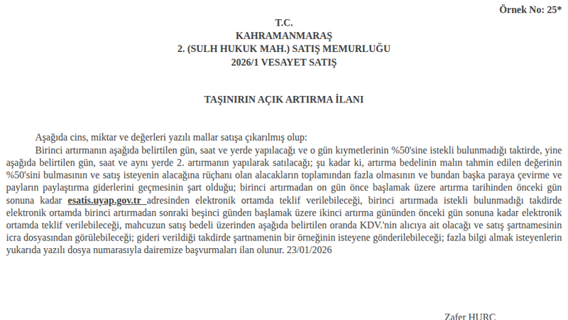 Satılık Levent 1 8 Levend 1996 - Kahramanmaraş Mezat Salonu Onikişubat