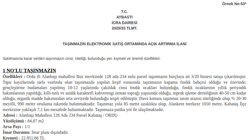 Satılık Tarla - Ordu Kabataş
