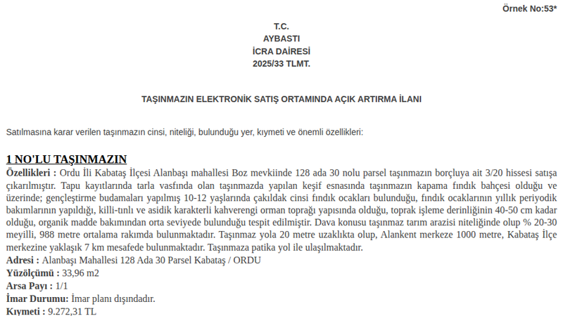 Satılık Tarla - Ordu Kabataş