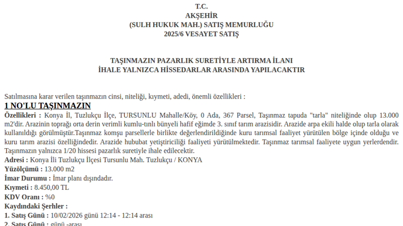 Arsa/Arazi - KONYA TUZLUKÇU - 13 m²