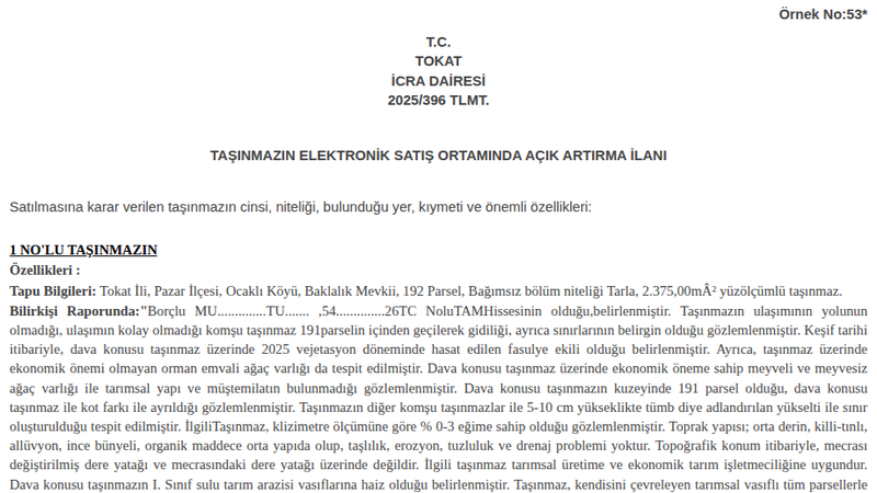 Satılık Tarla - Tokat Pazar