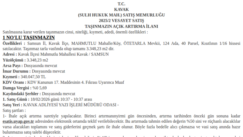 Arsa/Arazi - SAMSUN KAVAK - 348,23 m²