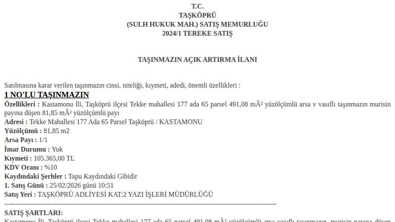 Arsa/Arazi - KASTAMONU TAŞKÖPRÜ - 491,08 m²