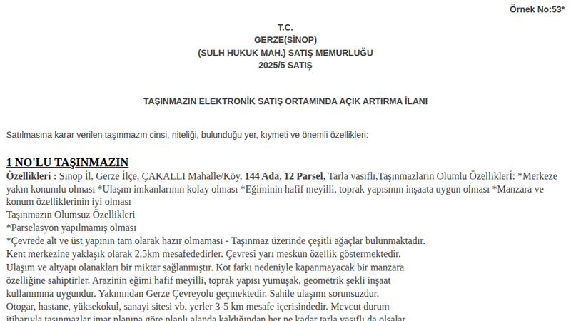 Satılık Tarla - Sinop Gerze