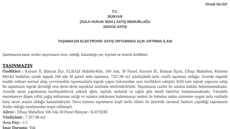 Arsa/Arazi - KAYSERİ BÜNYAN - 7.357,96 m²