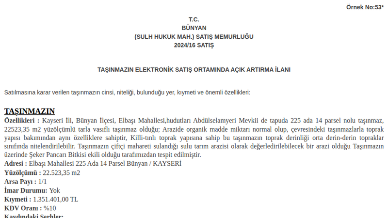 Arsa/Arazi - KAYSERİ BÜNYAN - 22.523,35 m²