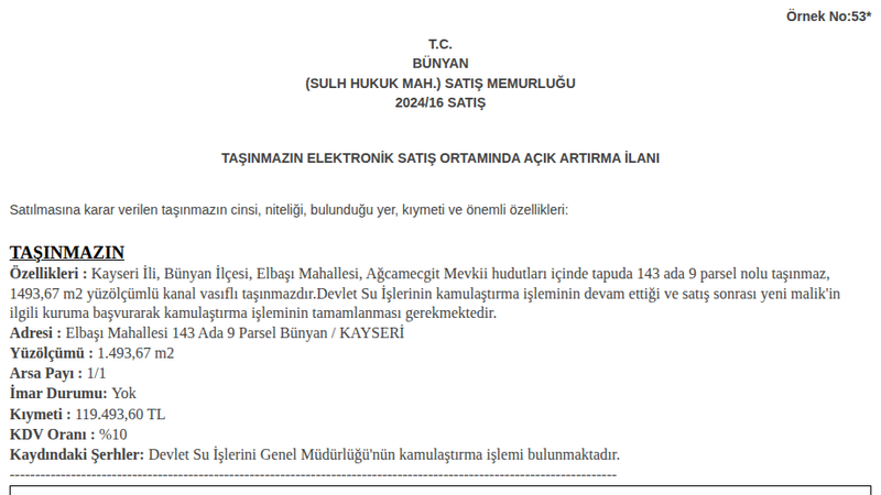 Arsa/Arazi - KAYSERİ BÜNYAN - 1.493,67 m²