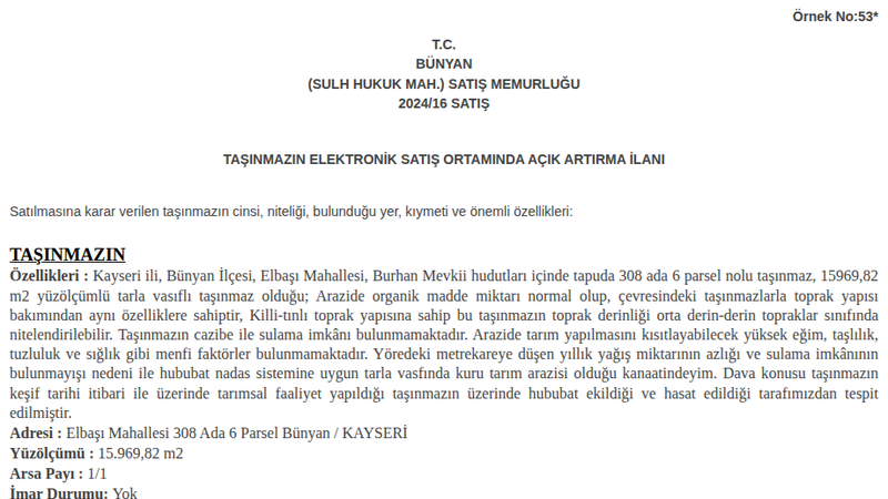 Arsa/Arazi - KAYSERİ BÜNYAN - 15.969,82 m²