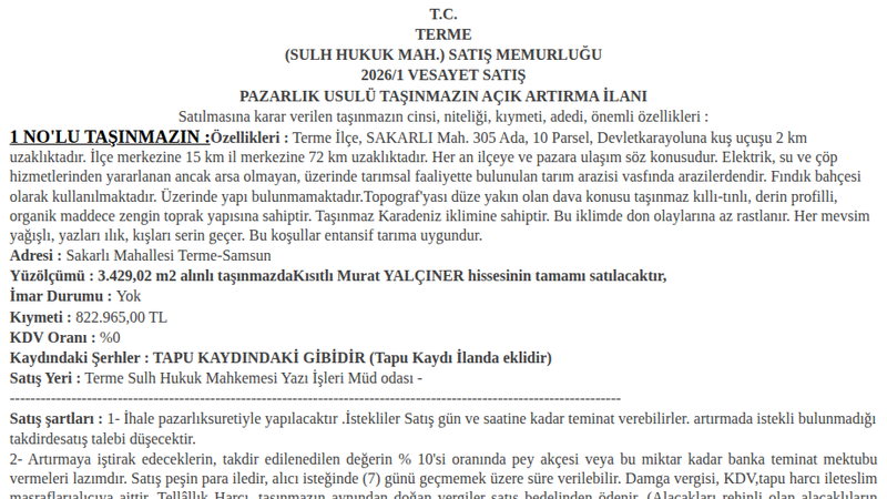 Satılık Arsa/Arazi - Samsun Terme