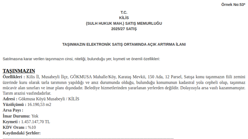 Arsa/Arazi - KİLİS MUSABEYLİ - 190,53 m²