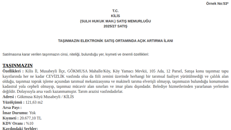 Satılık Arsa/Arazi - Kilis Musabeyli