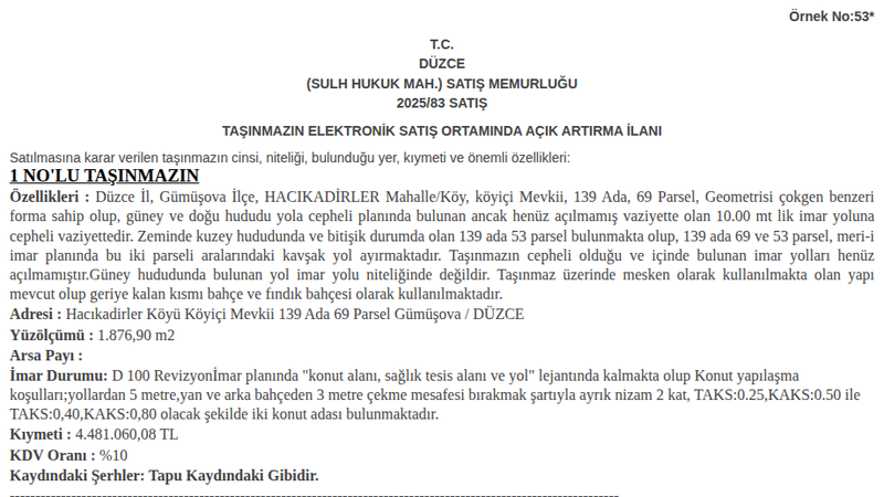 Konut - DÜZCE GÜMÜŞOVA - 876,90 m²