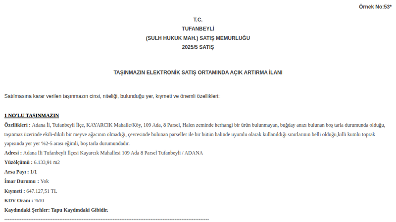 Arsa/Arazi - ADANA TUFANBEYLİ - 133,91 m²