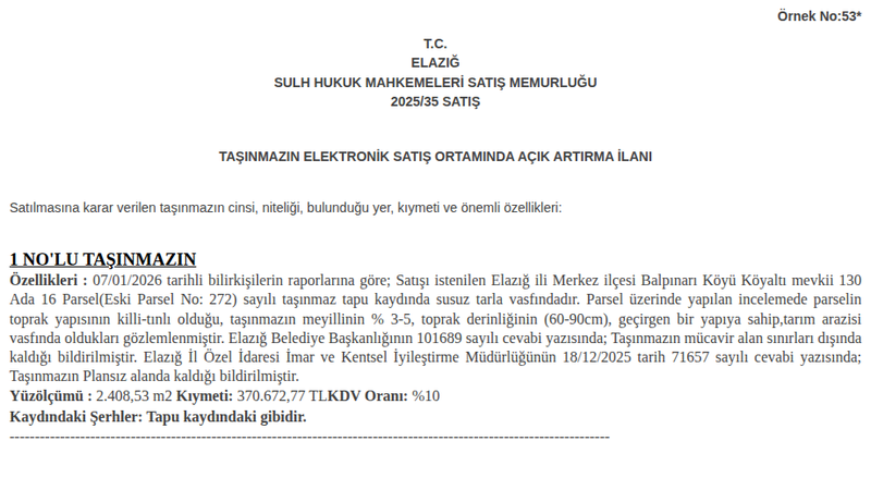 Arsa/Arazi - ELAZIĞ MERKEZ - 408,53 m²
