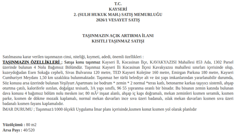 Konut - KAYSERİ KOCASİNAN - 80 m²