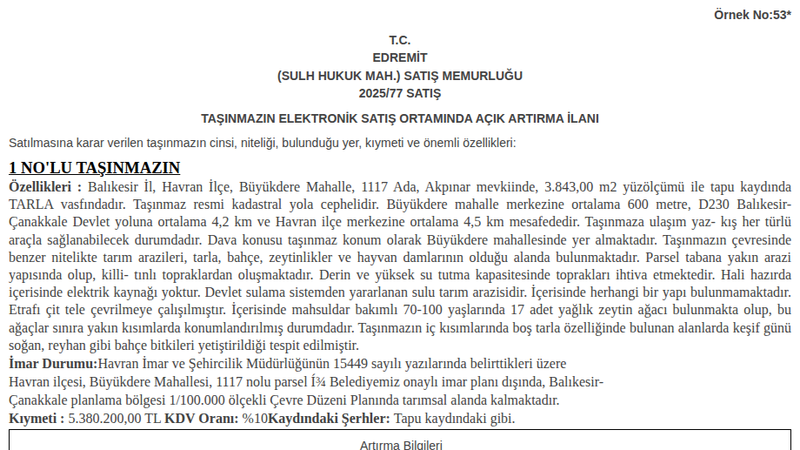 Arsa/Arazi - BALIKESİR HAVRAN - 843 m²