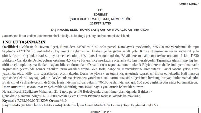 Arsa/Arazi - BALIKESİR HAVRAN - 6.753 m²