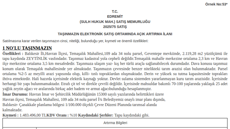 Arsa/Arazi - BALIKESİR HAVRAN - 119,28 m²