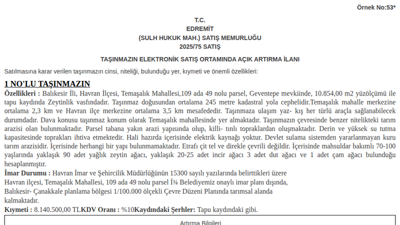 Arsa/Arazi - BALIKESİR HAVRAN - 854 m²