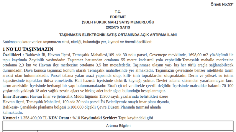 Arsa/Arazi - BALIKESİR HAVRAN - 1.698 m²