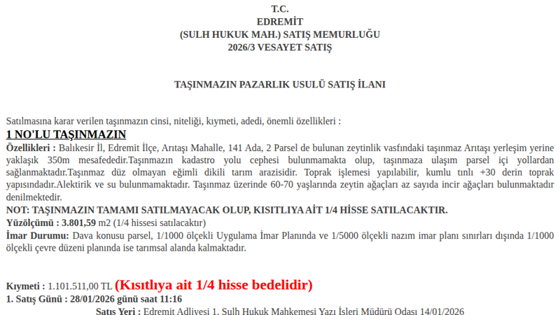 Arsa/Arazi - BALIKESİR EDREMİT - 801,59 m²