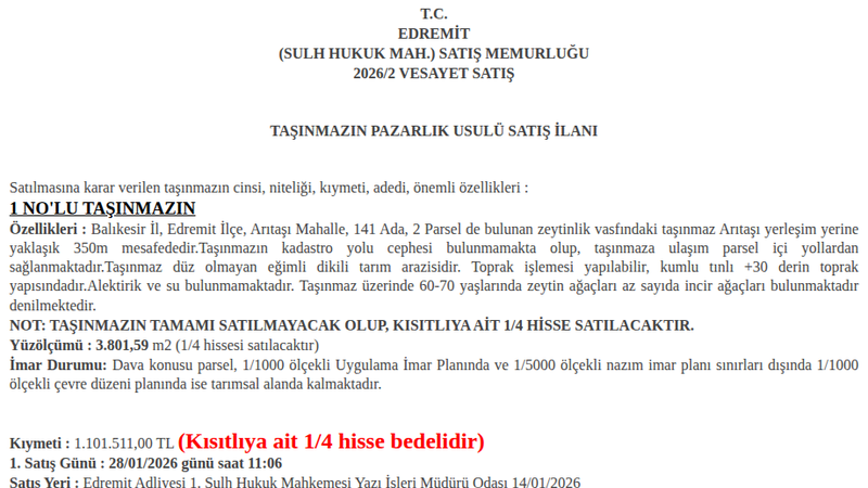Satılık Zeytinlik - Balıkesir Edremit