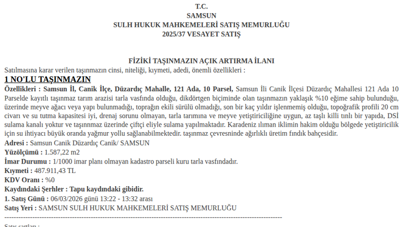 Arsa/Arazi - SAMSUN CANİK - 587,22 m²