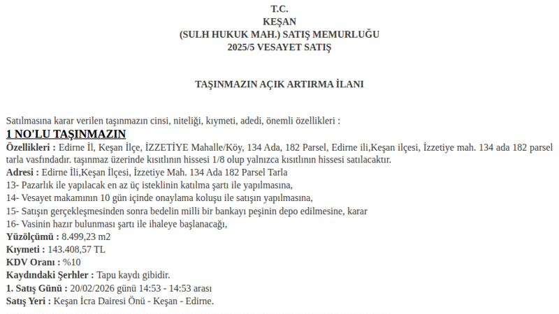 Arsa/Arazi - EDİRNE KEŞAN - 499,23 m²