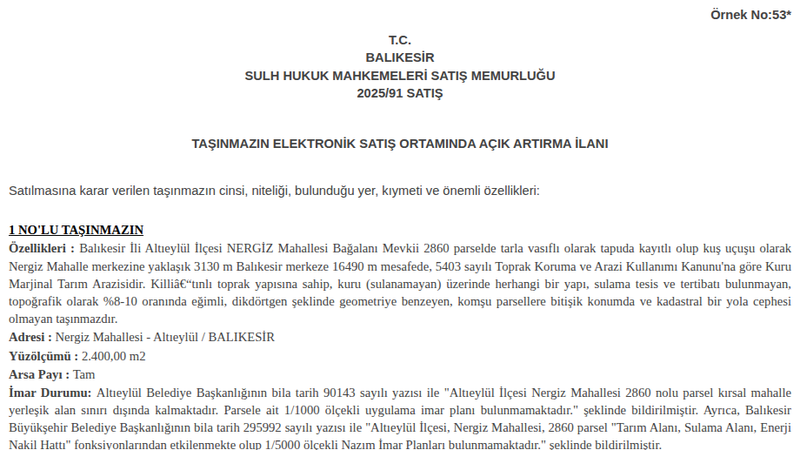 Satılık Tarla - Balıkesir Altıeylül
